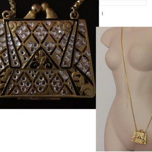 80s Coin Purse Necklace Cross-body Crystals Gold Chain​ Enamel Black Deco CRAFT
